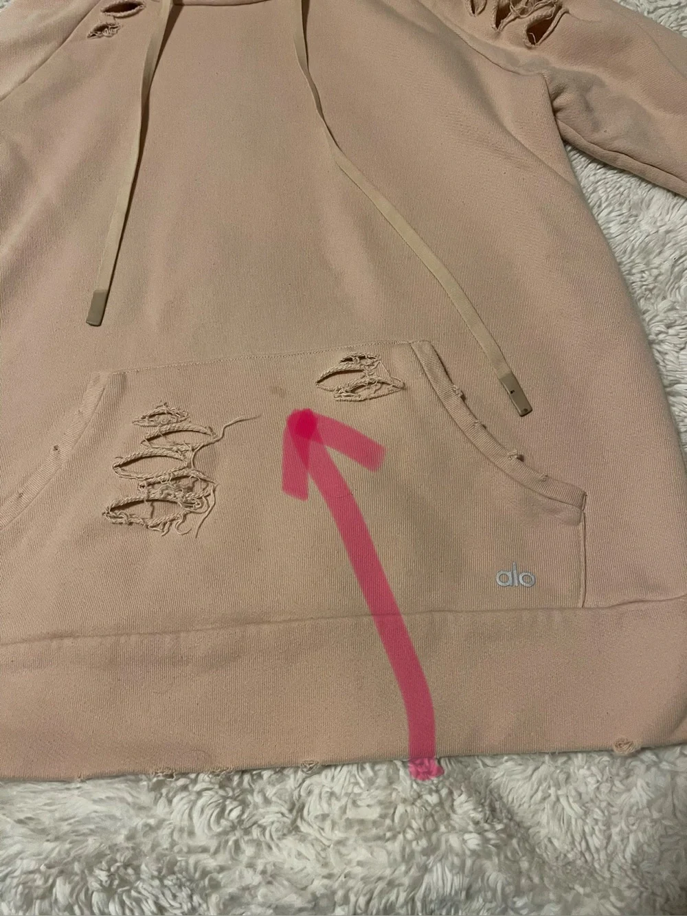 Alo Yoga Ripped Distressed Hoodie Womens Size S Peach Pullover Sweatshirt